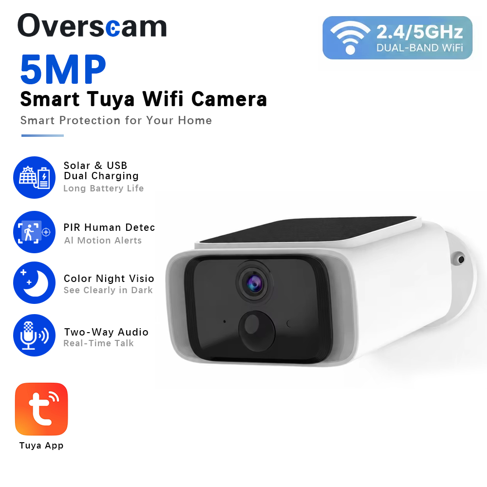 Home Security Upgrades - Tuya 5MP Solar-Überwachungskamera, kabellose 2,4/5G-WLAN-Kamera für
